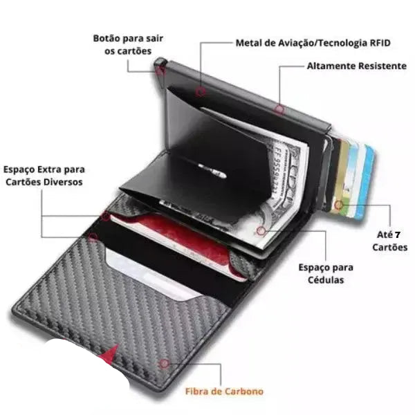 Carteira Masculina Pop Up Pagliacci, compacta e de design minimalista, com capacidade para até 7 cartões, feita em couro sintético e alumínio.