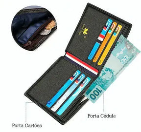 Carteira Masculina Vision Denim Pagliacci, confeccionada em couro PU premium, com design sofisticado e compartimentos para cartões, notas e moedas.

