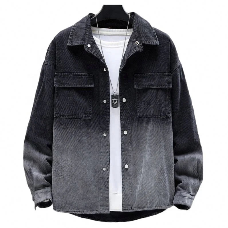  Jaqueta masculina Pagliacci PG286 com efeito gradiente moderno, botões frontais e jeans premium para estilo original e sofisticado.
